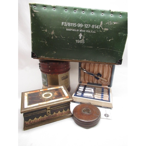 119 - M.O.D. Enfield Box C.o. Ltd file box, vintage leather-bound 66FT tape measure, Indo Persian hardwood... 
