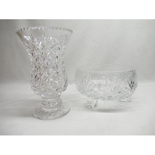 121 - Late C20th lead crystal fruit bowl with cut decoration on three scroll feet D28cm, H17cm and a Stuar... 