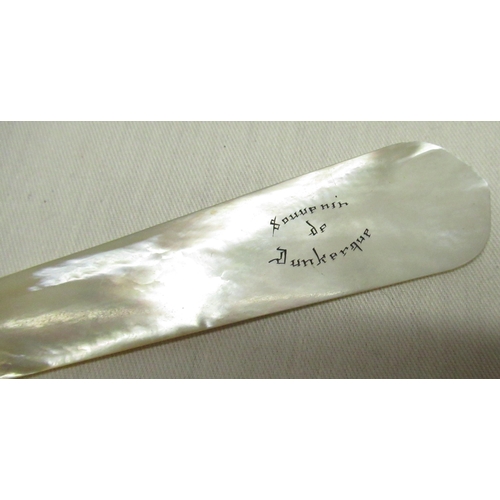 62 - Early C20th Dunkerque de Souvenir mother of pearl letter knife with pierced carved handle flat blade... 