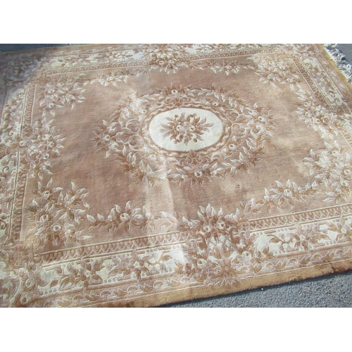 83 - C20th Chinese embossed washed woollen rug, old gold ground with central floral pattern medallion wit... 