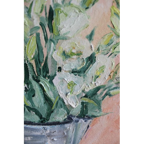 550 - Lucy M. Hainsworth (B.1935); ‘Lisianthus,’ oil on board, signed, (No.307), 51cm x 25cm