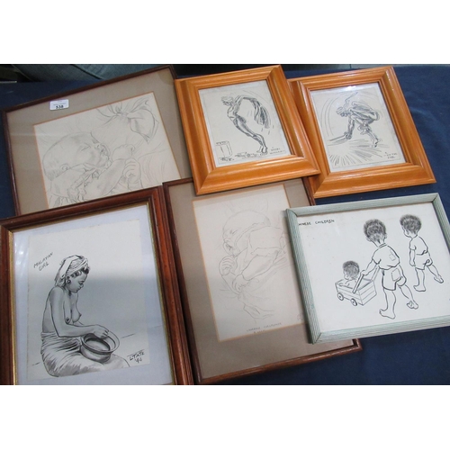 538 - Book of sketches and artwork by L Tate, including two framed and mounted pictures of a baby, one fro... 