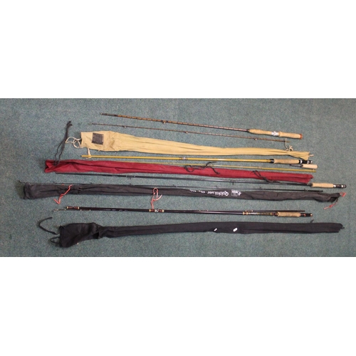 Collection of fly fishing rods with bags, one vintage Hardy split