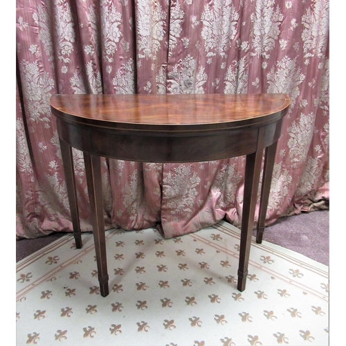 1182 - Geo. III rosewood crossbanded mahogany demi lune card table, folding top on double gate action squar... 