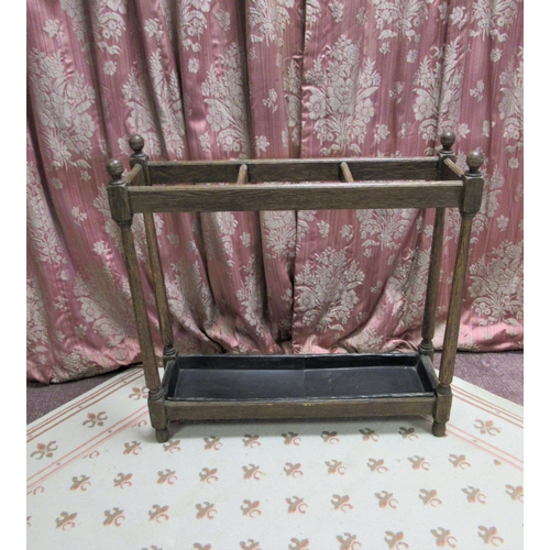 1196 - Edwardian Country House oak three section hall stick stand, with turned finials and tapering support... 