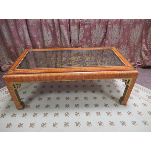 1198 - Chinese style rectangular coffee table, inset top painted with gilt strapwork, on square supports wi... 