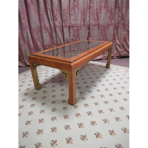 1198 - Chinese style rectangular coffee table, inset top painted with gilt strapwork, on square supports wi... 