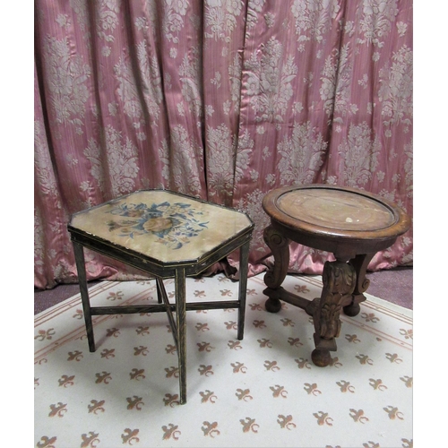 1328 - Regency style elongated octagonal lamp table with inset silk work top on slender square tapered supp... 