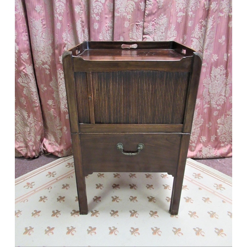 1184 - Geo. II mahogany night cupboard, with tray top above a tambour door, a converted single drawers belo... 