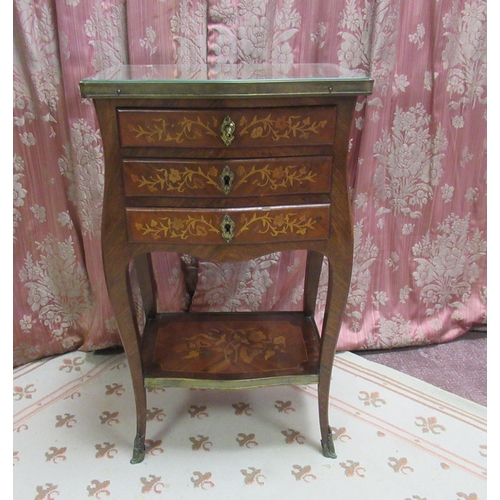 1336 - Late C19th French kingwood table inlaid with panels of profuse foliage, serpentine brass mounted top... 