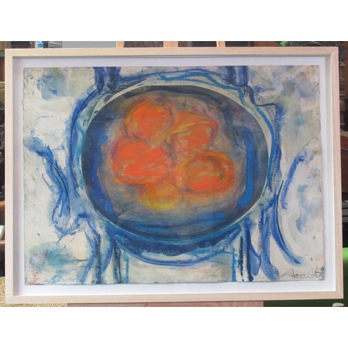 541 - George Hainsworth (B.1937); ‘Oranges on Blue Chair,’ mixed media, signed, 55cm x 76cm