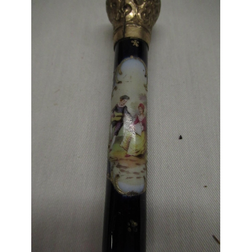 25 - C19th Dresden style porcelain parasol handle with gilt metal knop and with hand decorated panel, bra... 