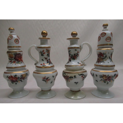 26 - Pair of C19th Dutch opaque glass casters with hand painted floral decoration, pair of matching oil b... 