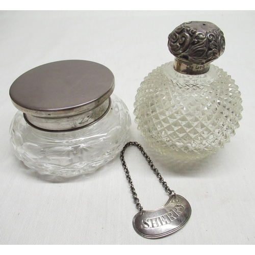 27 - Georgian silver sherry bottle ticket, early C20th dressing table jar with hobnail cut decoration and... 