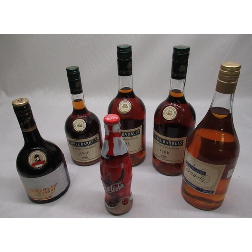 636 - Three Barrels Rare Old French Brandy VSOP 40%vol 100cl (2) and 70cl (1), Napoleon Brandy, 1ltr 36%vo... 