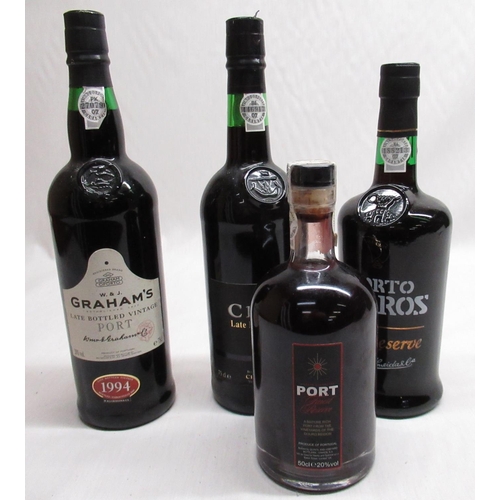 642 - Graham' Late Bottled Vintage Port 1994, similar Croft 1991 Harvest and Porto Barros, all 75cl and M&... 
