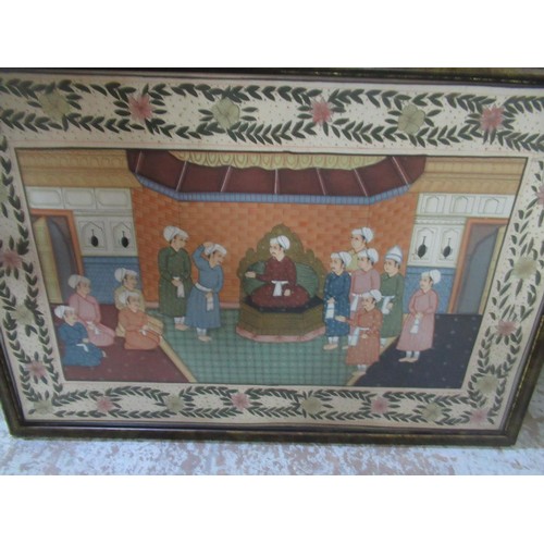 629 - Indian school (contemporary), Figures before a Prince within an interior with a floral border, Water... 