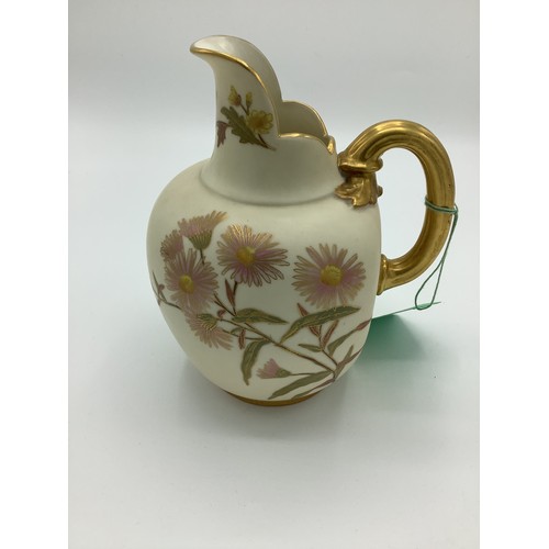 4 - Late Victorian Royal Worcester jug, reeded gilt handle and  blush ivory ground decorated with flower... 