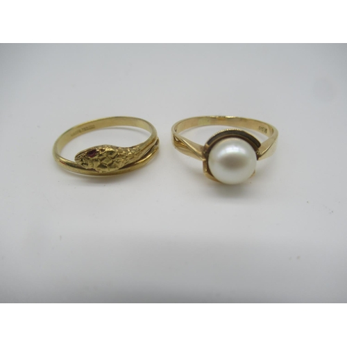 654 - 18ct gold wrap ring in the form of a snake stamped 750 SOA Size O and another 18ct gold ring with si... 