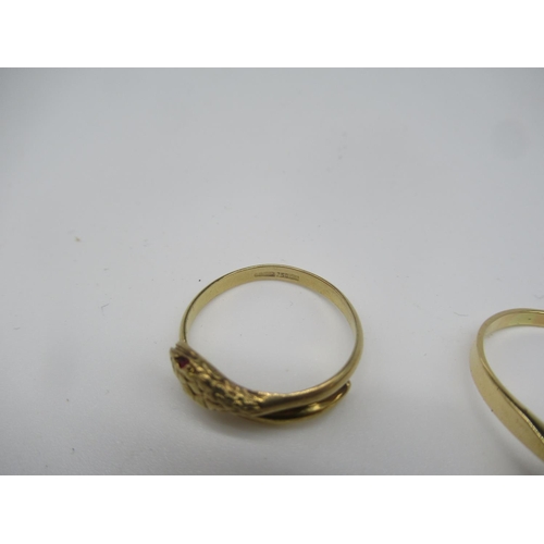 654 - 18ct gold wrap ring in the form of a snake stamped 750 SOA Size O and another 18ct gold ring with si... 