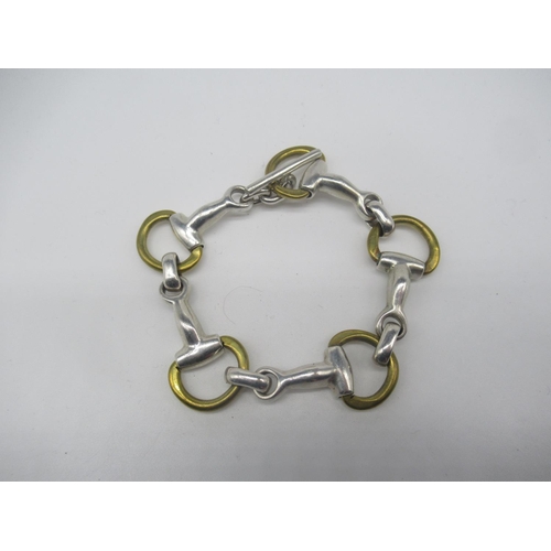 657 - Chunky silver and brass link bracelet with T bar clasp stamped 925 L20cm 1.5ozt