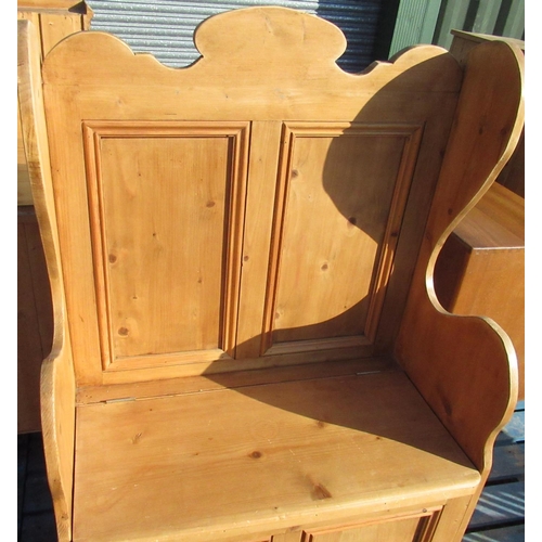 704 - small pine wing back settle with scroll cresting and twin panel back, lifting seat W80 D40 H122