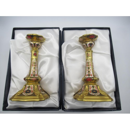 673 - Royal Crown Derby 1128 Old Imari pattern - pair of MMI candlesticks in original boxes H17.5cm