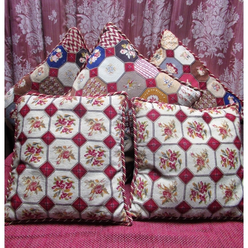 1152 - Set of three large rectangular cushions with geometric multicoloured design and wine and beige twist... 