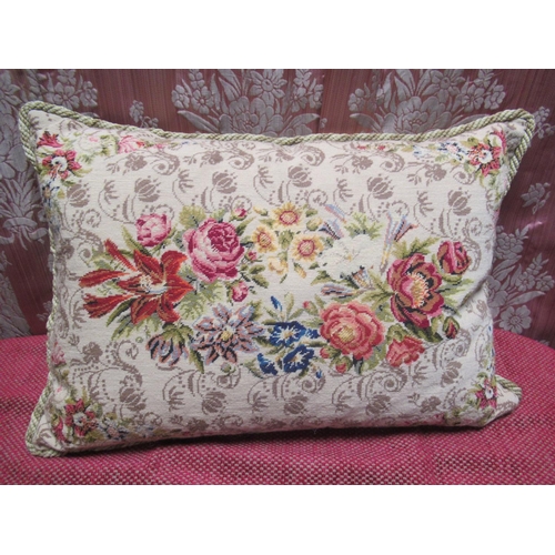 1135 - Large rectangular embroidered cushion with central floral motif on beige patterned ground with rope ... 