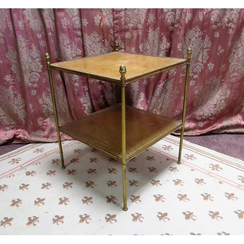 1180 - Brass square étagère, reeded columns with two tooled leather tiers with pineapple finials, W42cm D42... 