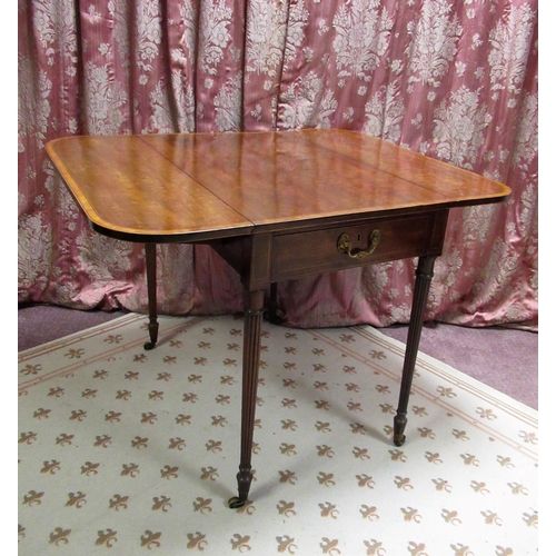 1324 - Geo. II satinwood cross banded mahogany Pembroke table, rounded rectangular top with two fall leaves... 