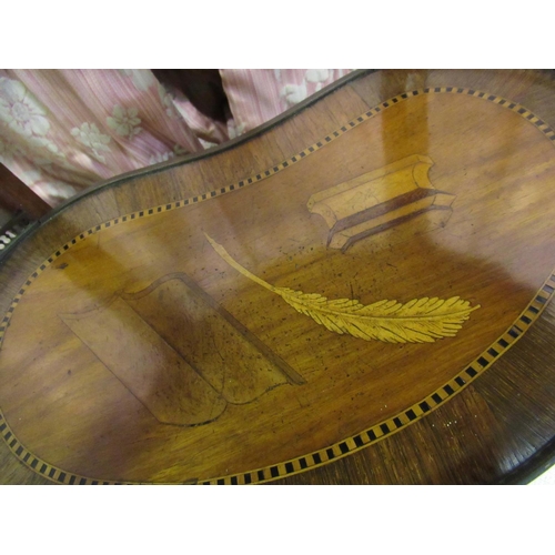 1318 - lLte C19th French oval kingwood occasional table, brass galleried top inlaid with a musical trophies... 