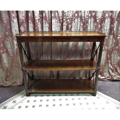 1319 - Early C20th mahogany three tier etagere, brass galleried top with single long drawer on cluster colu... 