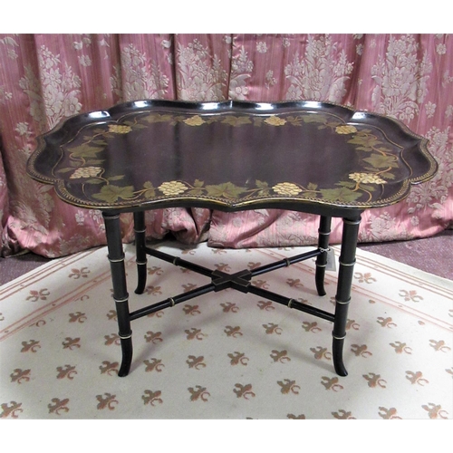 1428 - Victorian style papier mache tray table, shaped rectangular top decorated with vines, on faux bamboo... 