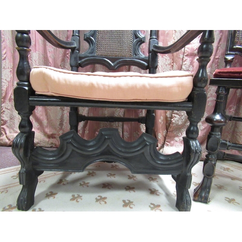 1338 - Charles II style beech side chair with cane work back and seat, serpentine scroll carved cresting ra... 