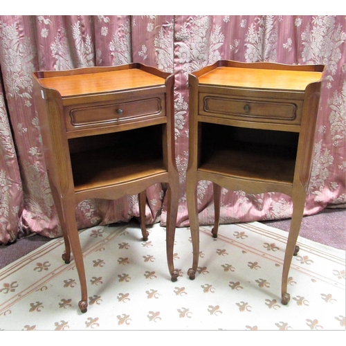 1188 - Pair of C20th French bedside cabinets, galleried tops and single drawers above recess on angular cab... 