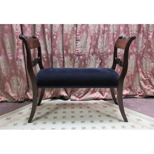 1170 - William IV upholstered window seat with two scroll carved chair back ends on sabre legs, W100cm D40c... 