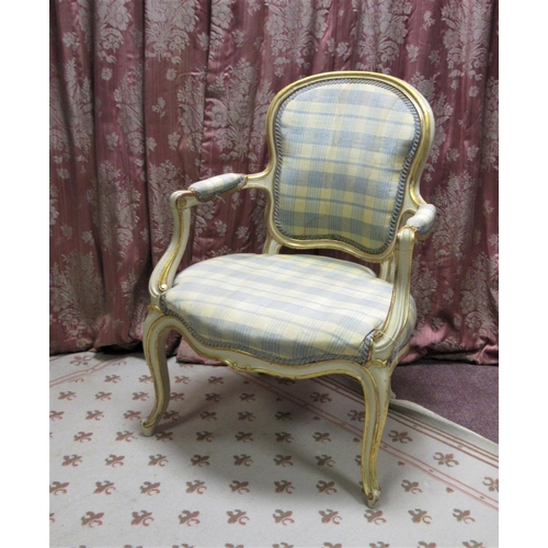 1165 - C20th French style Fauteille with upholstered back and serpentine seat on moulded cabriole legs, W60... 