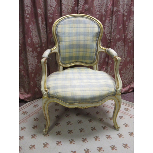 1165 - C20th French style Fauteille with upholstered back and serpentine seat on moulded cabriole legs, W60... 