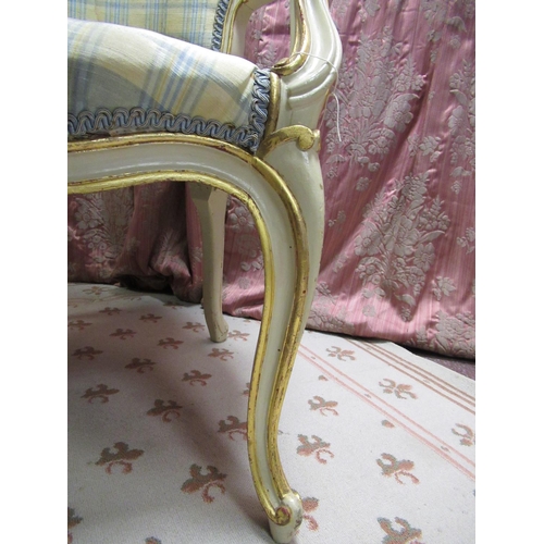 1165 - C20th French style Fauteille with upholstered back and serpentine seat on moulded cabriole legs, W60... 