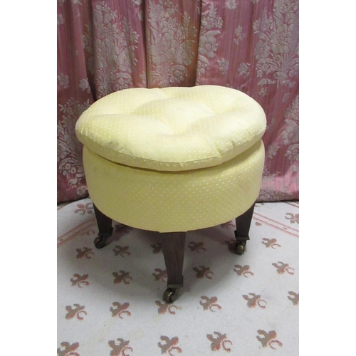 1432 - Edwardian circular foot stool, deep buttoned upholstered top on square tapered supports with  brass ... 