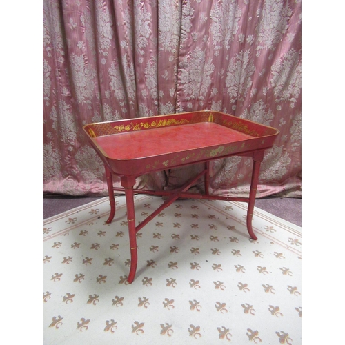 1335 - Regency style red lacquer tray top rectangular occasional table, decorated with foliage and scrolls ... 