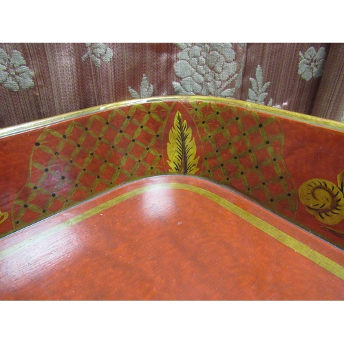 1335 - Regency style red lacquer tray top rectangular occasional table, decorated with foliage and scrolls ... 