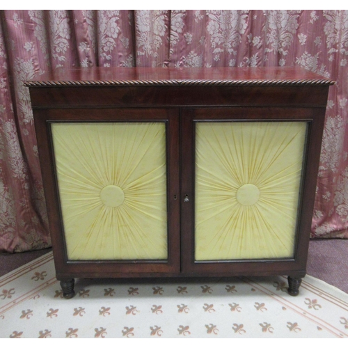 1437 - C19th mahogany side cabinet with gadrooned top above a pair glazed doors with silk panel fan inserts... 