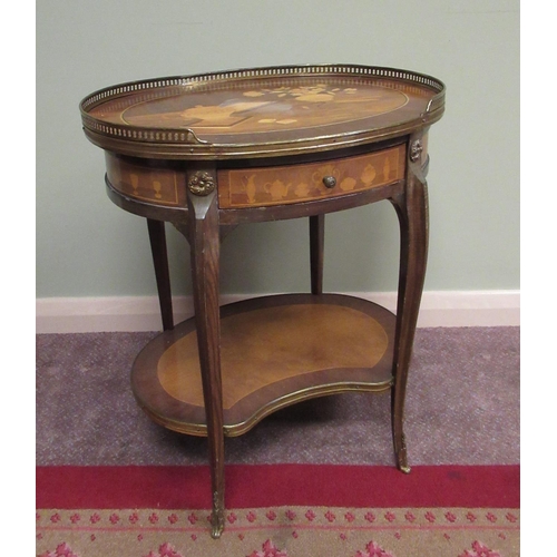 1442 - C20th French oval occasional table, gilt brass galleried top inlaid with flower filled urn, single d... 