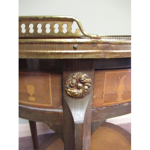 1442 - C20th French oval occasional table, gilt brass galleried top inlaid with flower filled urn, single d... 