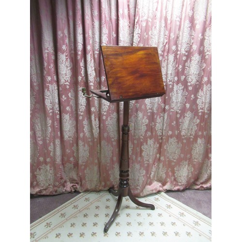 1299 - C19th mahogany music stand, adjustable slope top with two brass candle branches on adjustable taperi... 