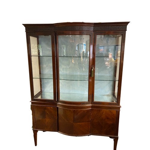 1438 - Edwardian Chippendale revival bow breakfront display cabinet, blind fret frieze above three glazed d... 