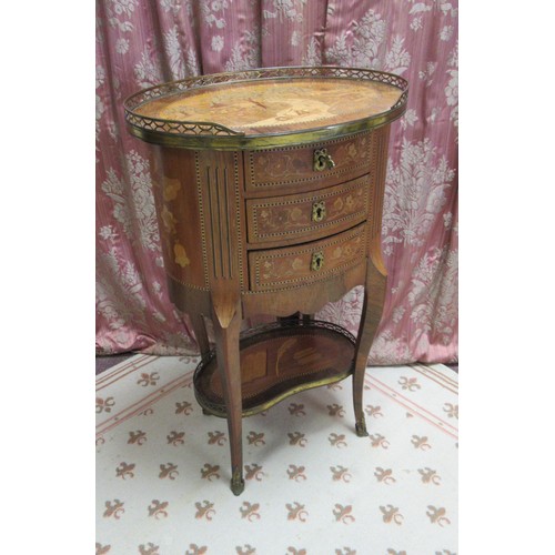 1329 - Late C19th French oval kingwood occasional table, brass galleried top inlaid with a chinoiserie scen... 