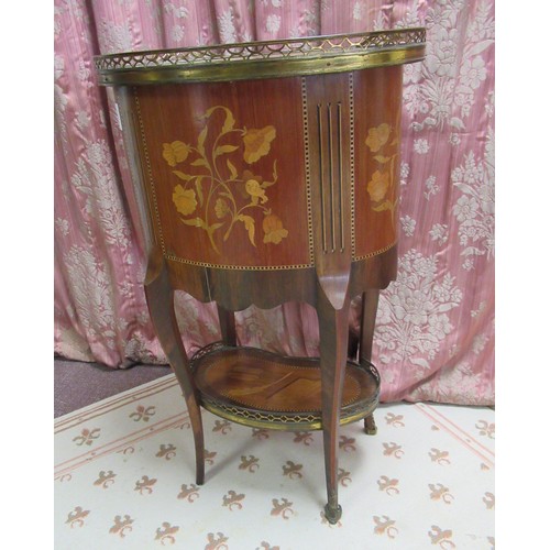 1329 - Late C19th French oval kingwood occasional table, brass galleried top inlaid with a chinoiserie scen... 